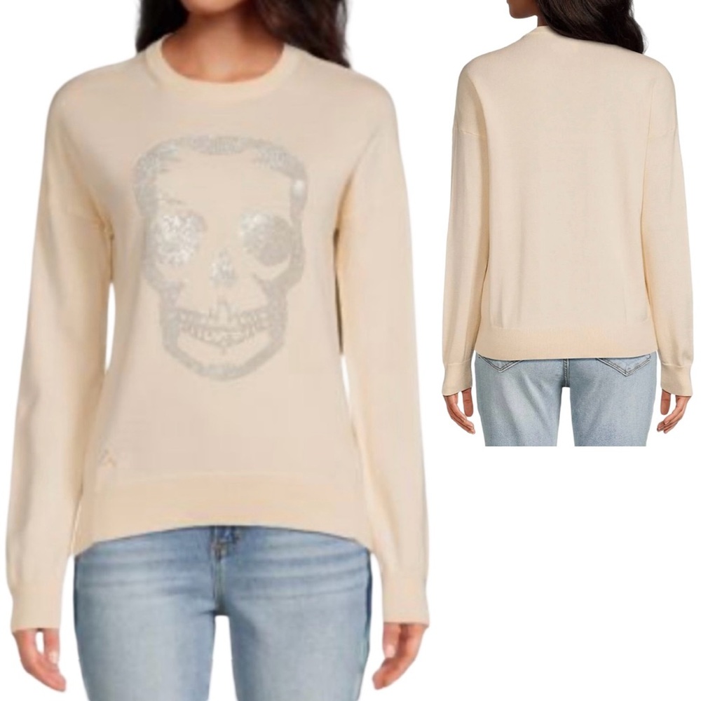 NEW! Zadig & Voltaire ​Cici Cream Crew Neck Sweater Silver Rhinestone Skull Sz M